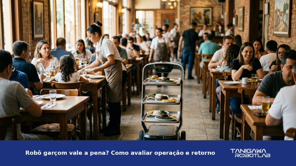 Robô garçom autônomo transportando pratos no salão de um restaurante, com mesas e garçons ao fundo