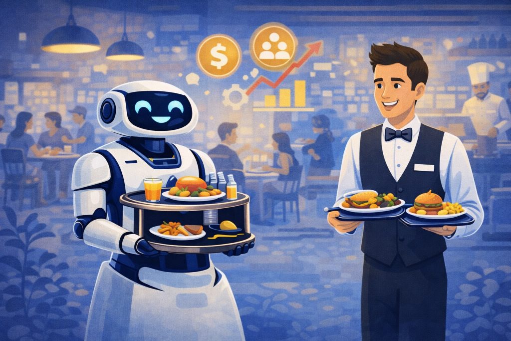 robô para restaurante apoiando garçom humano no atendimento