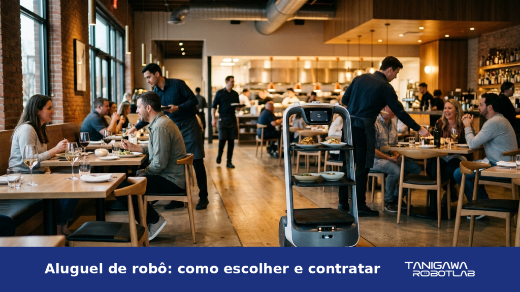 Robô autônomo de serviço circulando em um restaurante com equipe e clientes ao fundo