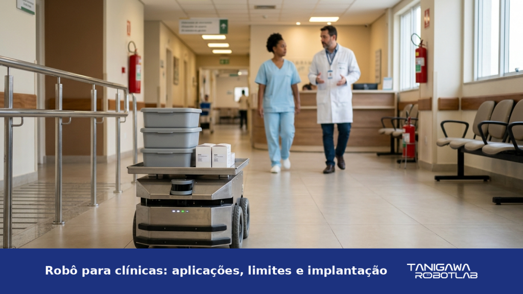 Robô autônomo de serviço circulando pelo corredor de uma clínica com profissionais ao fundo.