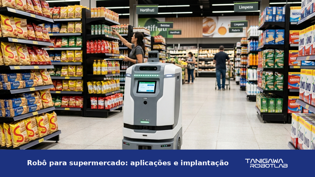 Robô autônomo de serviço circulando em um corredor de supermercado com clientes ao fundo