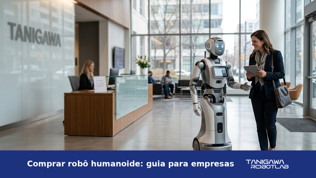 Robô humanoide atendendo um visitante em uma recepção corporativa