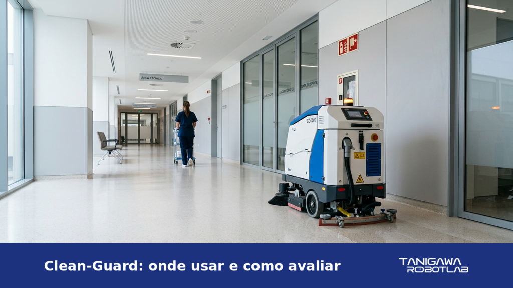 Robô autônomo de higienização em corredor amplo de ambiente profissional, com circulação controlada
