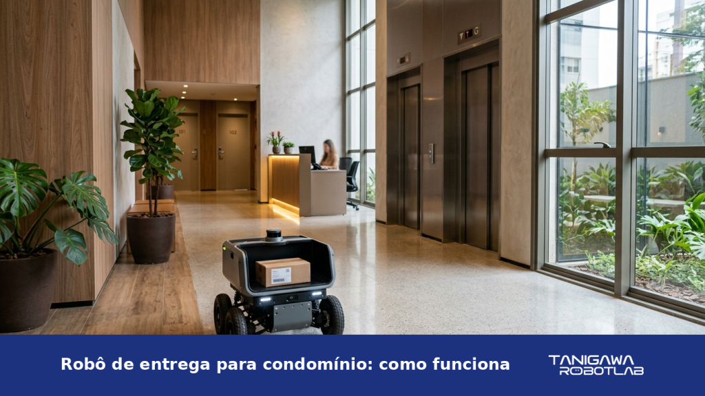 Robô autônomo transportando uma encomenda em área comum de condomínio residencial