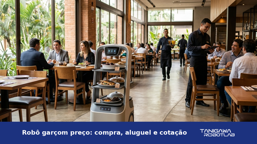 Robô autônomo de serviço transportando pratos em um restaurante, com equipe e clientes ao fundo
