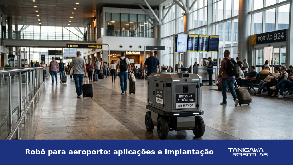 Robô autônomo de serviço circulando em um terminal de aeroporto com passageiros ao fundo