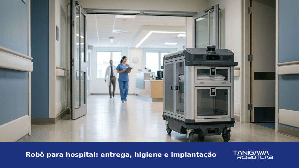 Robô autônomo de serviço percorrendo corredor hospitalar amplo, com profissionais ao fundo e rota livre