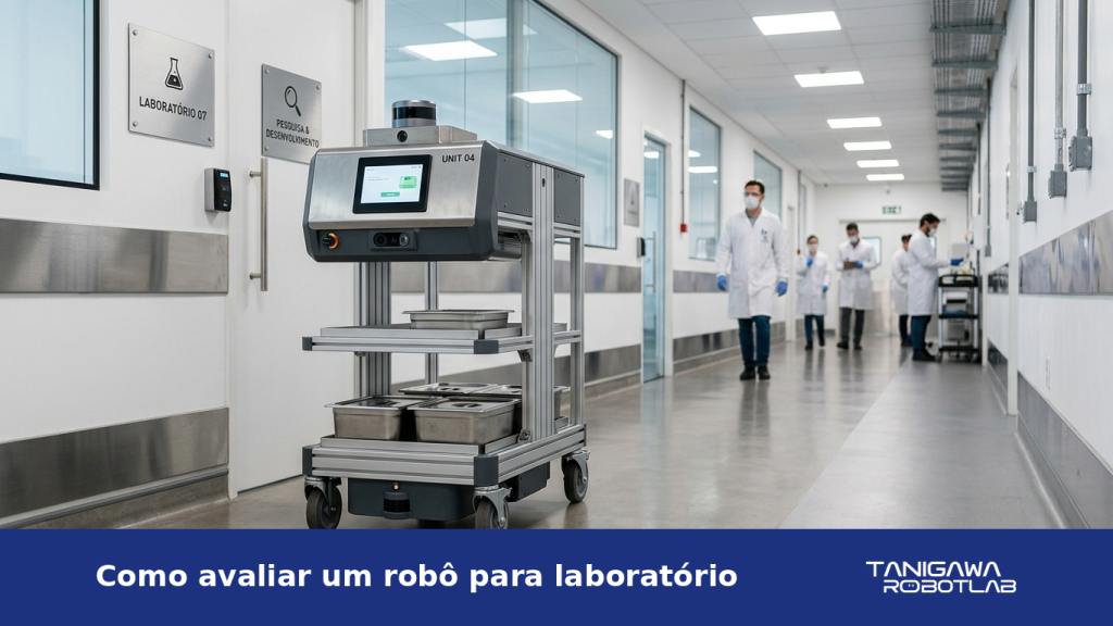 Robô autônomo de serviço em corredor de laboratório com portas e circulação técnica ao fundo