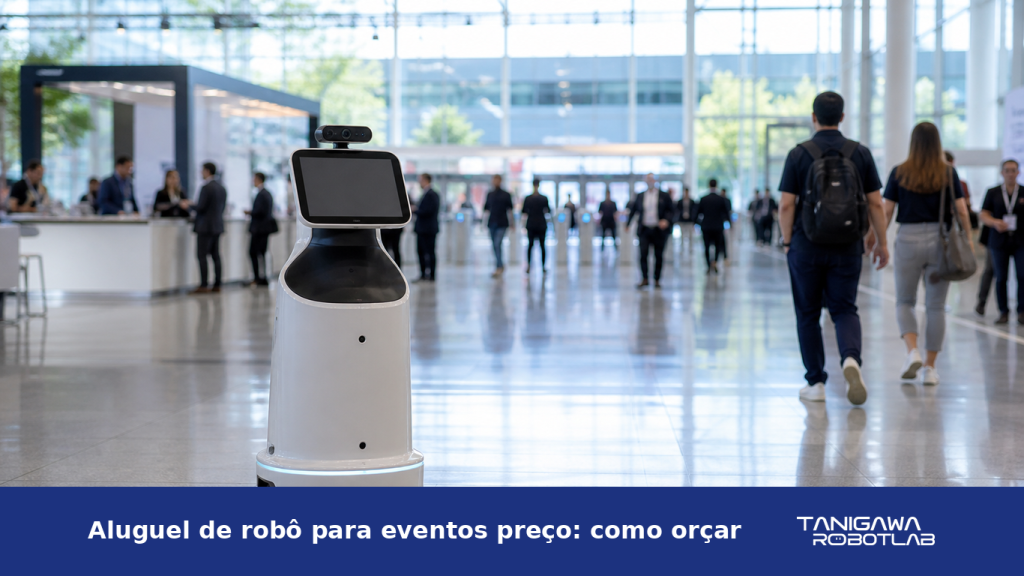 Robô autônomo recepcionando participantes em um centro de convenções