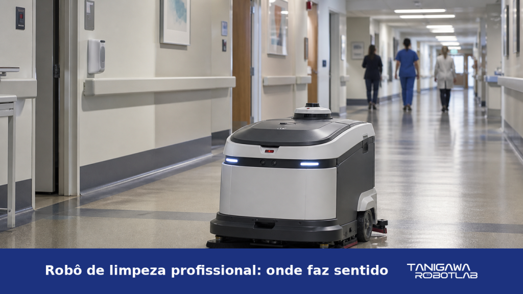 Robô autônomo de higienização operando em corredor de hospital