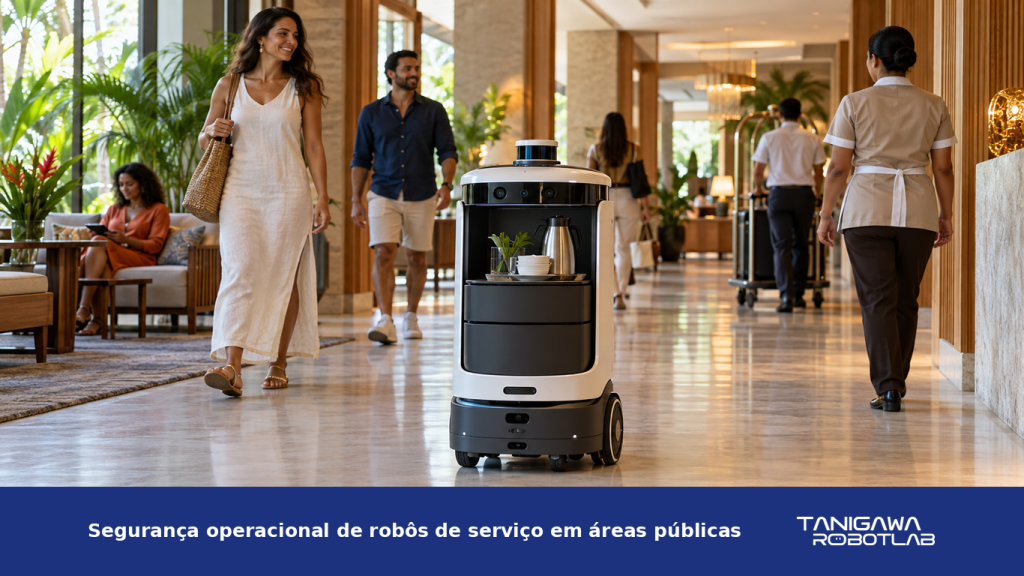 Robô autônomo de serviço circulando em corredor público amplo enquanto pessoas passam com espaço seguro ao redor