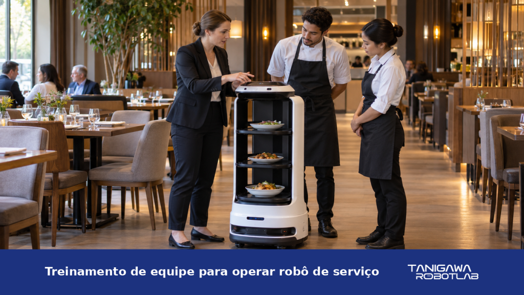 Equipe pratica a operação de um robô autônomo de serviço em um restaurante