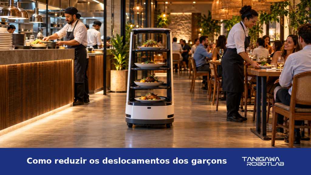 Robô autônomo transportando pratos entre a cozinha e o salão de um restaurante