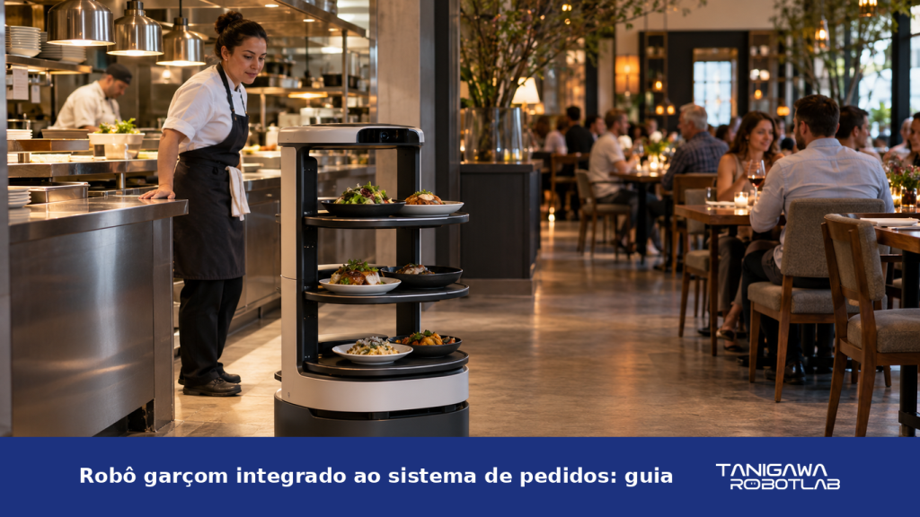 Robô autônomo transportando pratos entre a cozinha e o salão de um restaurante