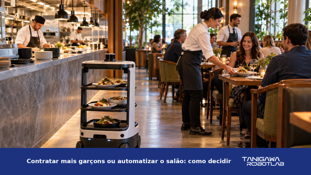 Robô de serviço transportando pedidos no salão de um restaurante com garçons atendendo as mesas
