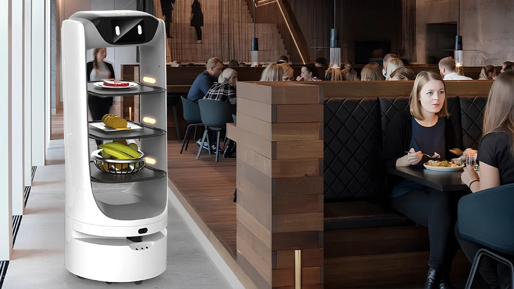 Robô garçom Deligo com bandejas em imagem de restaurante