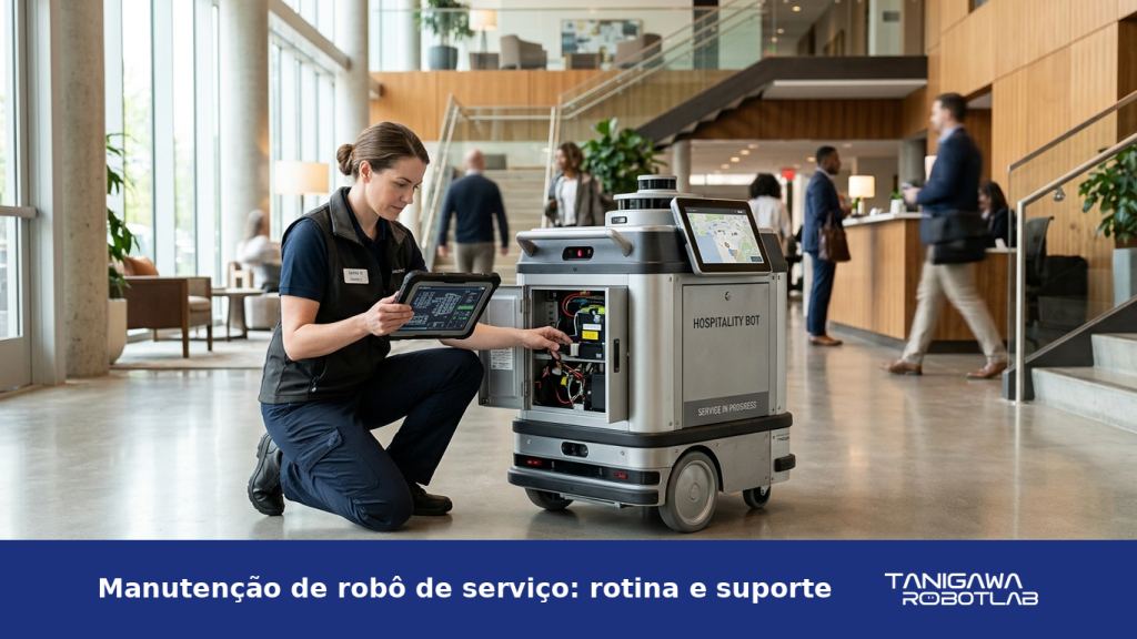 Robô autônomo de serviço sendo inspecionado por uma técnica em ambiente comercial