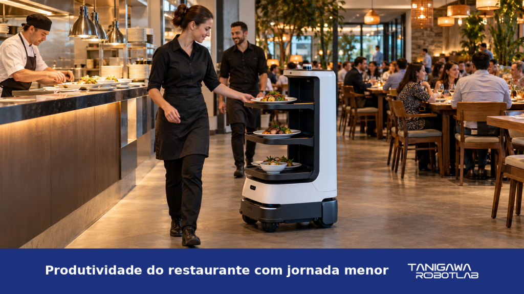 Robô de serviço transportando pedidos entre a cozinha e o salão de um restaurante