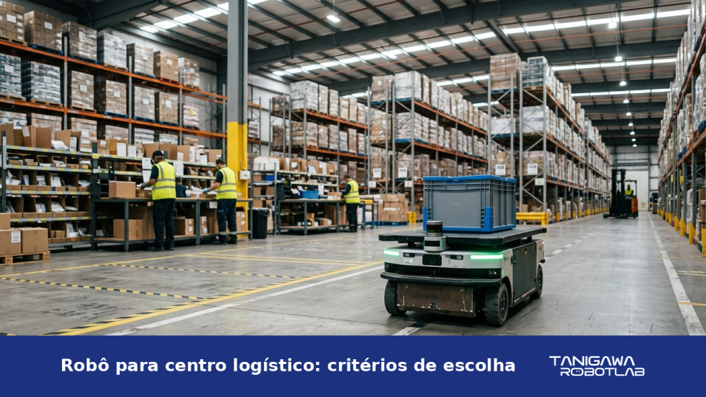 Robô autônomo de entrega circulando por corredor organizado de um centro logístico