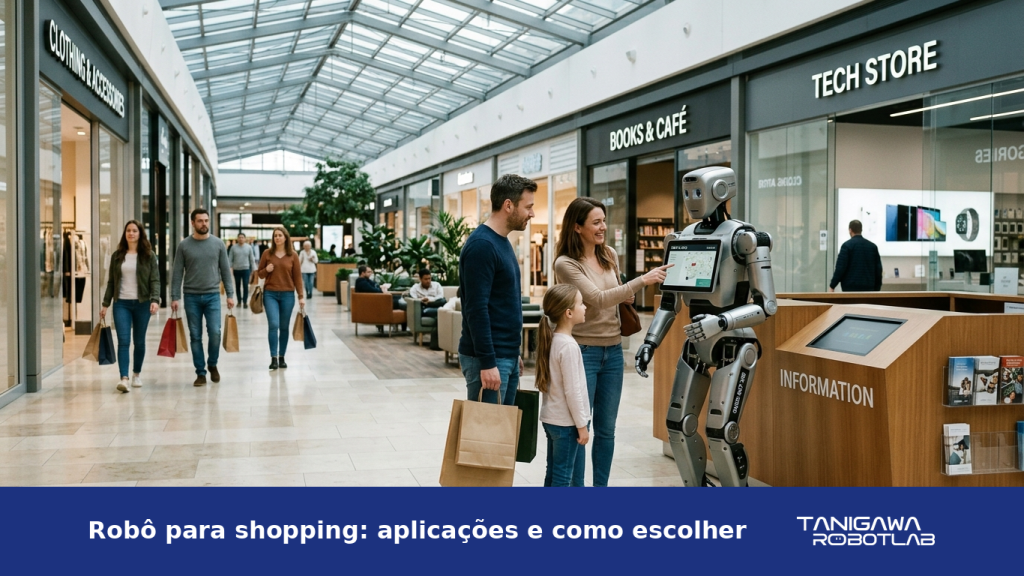 Robô humanoide interagindo com visitantes em uma área de circulação de shopping center