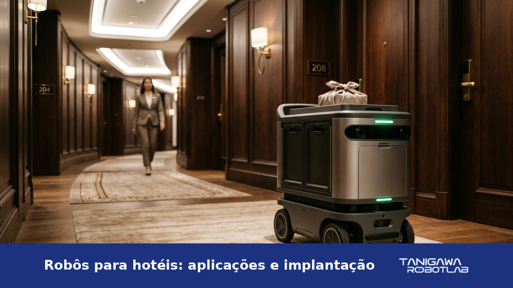 Robô autônomo de entrega percorrendo o corredor de um hotel com quartos ao fundo